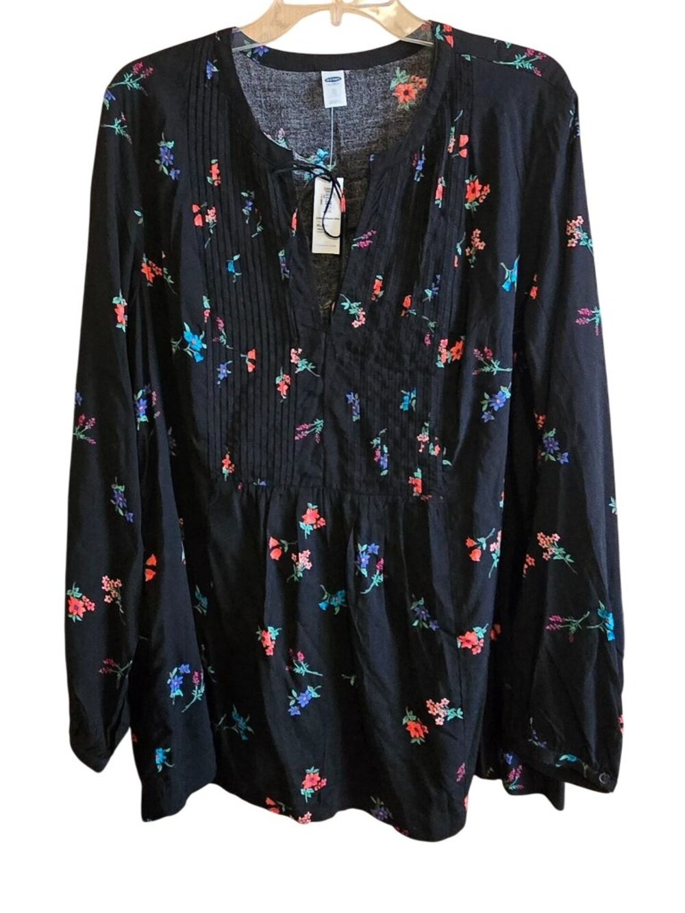 Old Navy XL Floral Boho Blouse Black Long Sleeve Cotton Tunic flower new granny